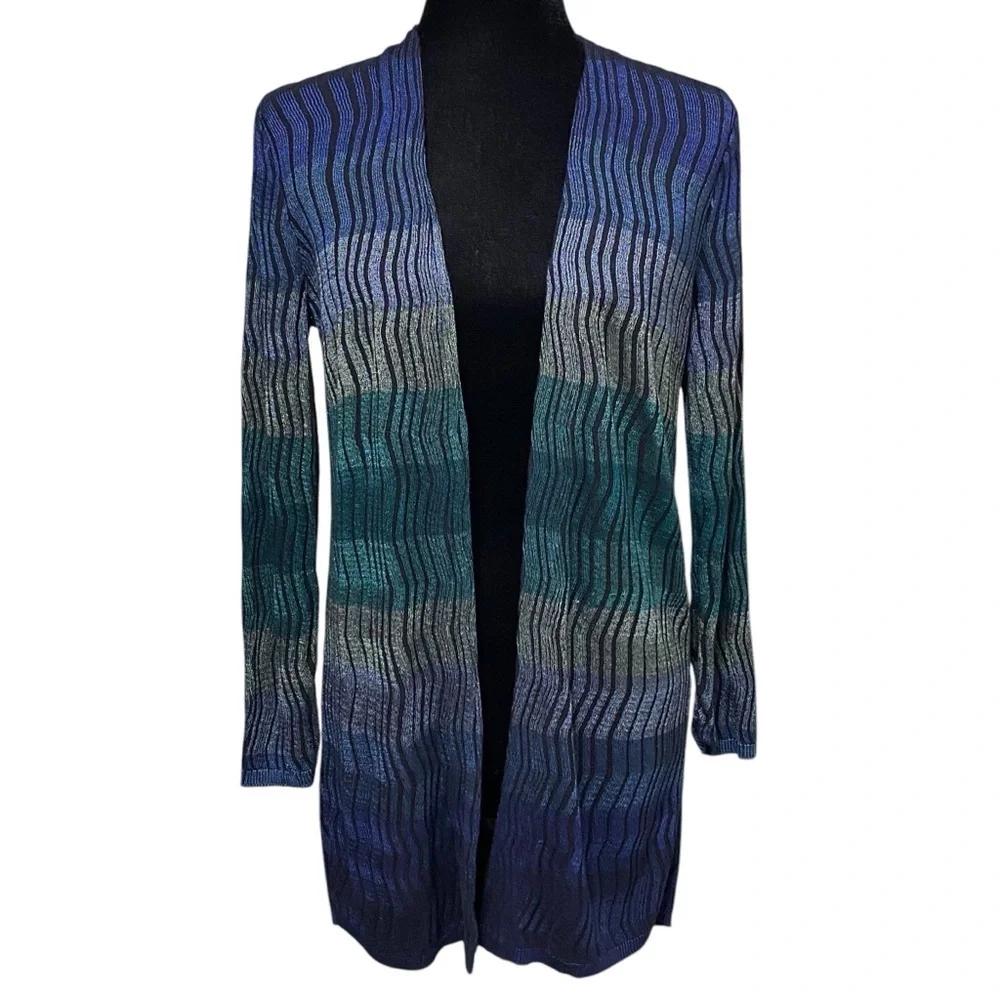 Chicos Blue Green Striped Open Front Cardigan Sweater Jacket Size 0